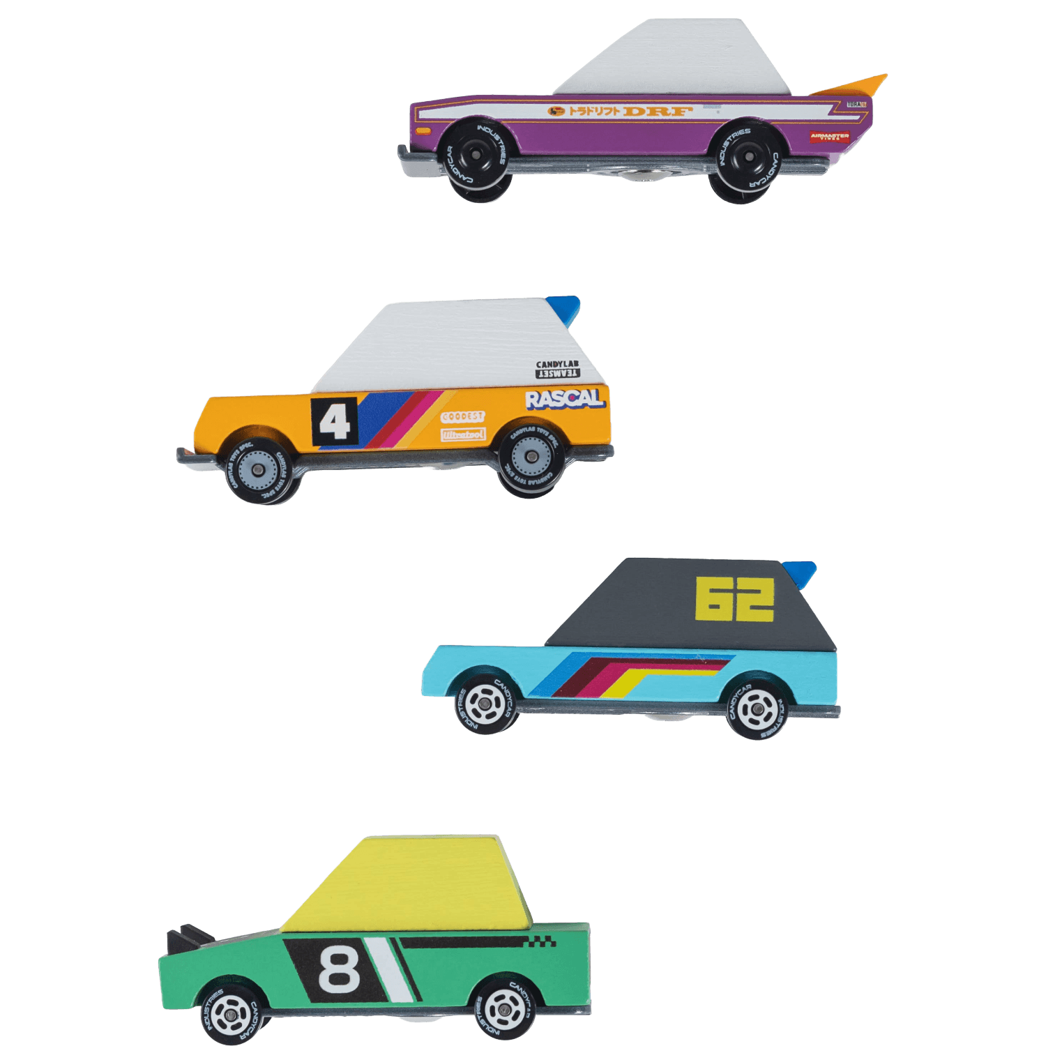 Four colorful cartoon cars.