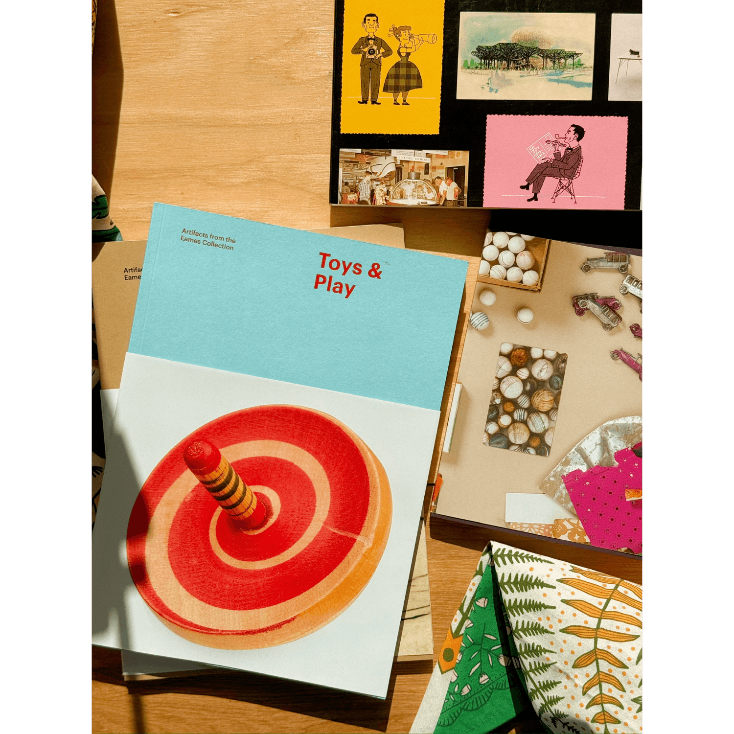 Book titled 'Toys & Play' with a red and yellow toy on a blue cover, displayed on a wooden surface with other items.