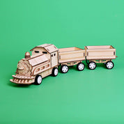 Wooden toy train set on a green background