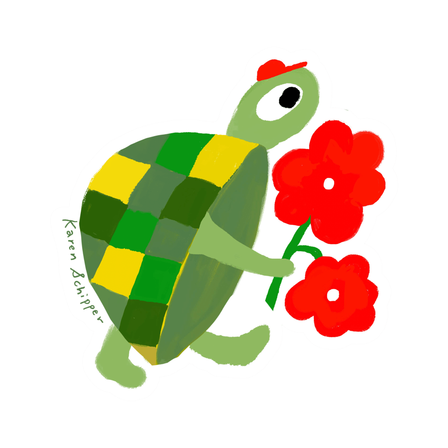 Sticker of a turtle with a checkered shell holding red flowers