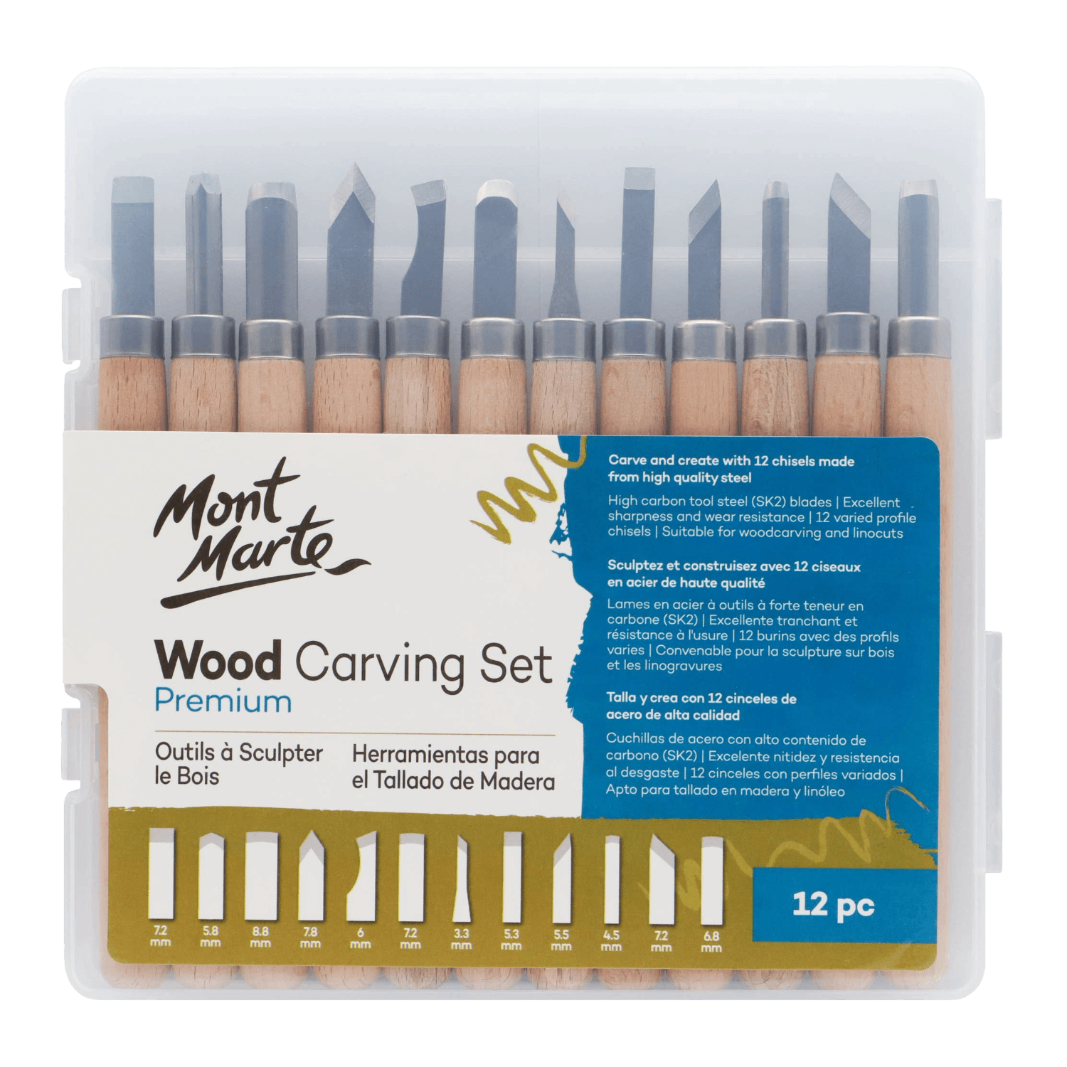 Mont Marte wood carving set with 12 chisels in a clear case.