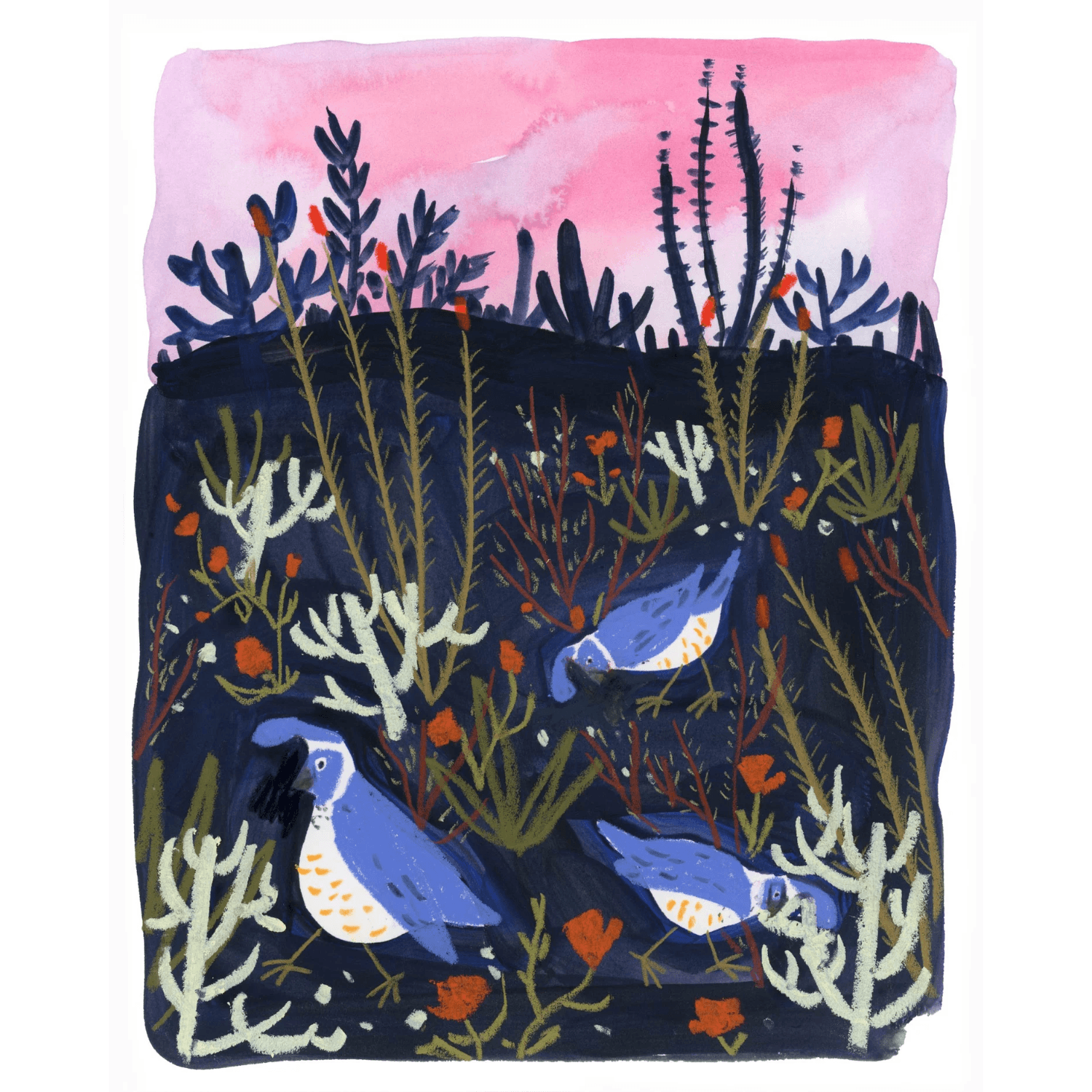 Illustration of three blue quail birds in the desert with a darker color palette and pinky sky. 