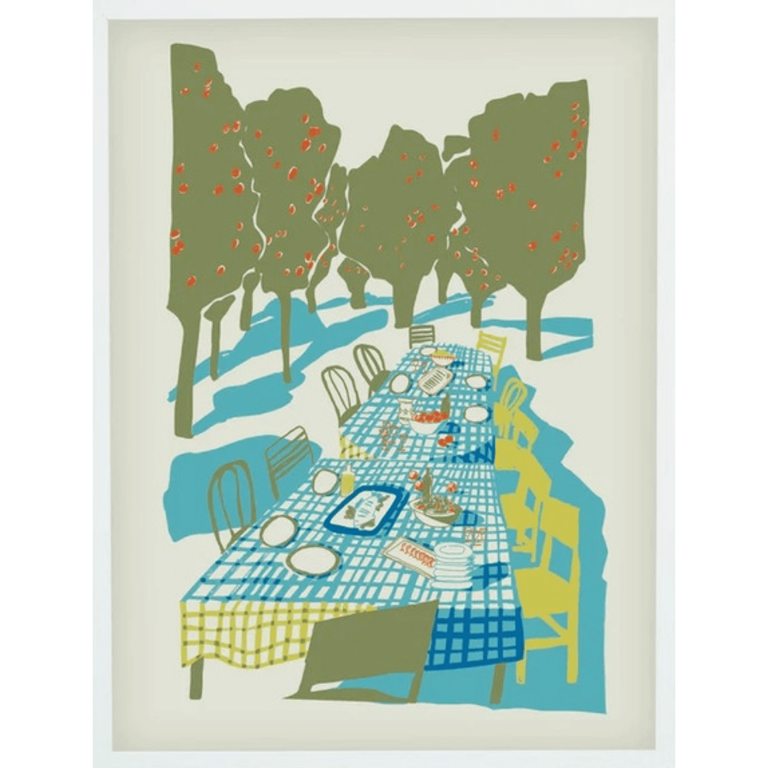 Illustration of a long dining table set outdoors with apple trees and blue sky. The table is decked out in picnic attire. With a blue an white checkered table cloth and array of food and plates.