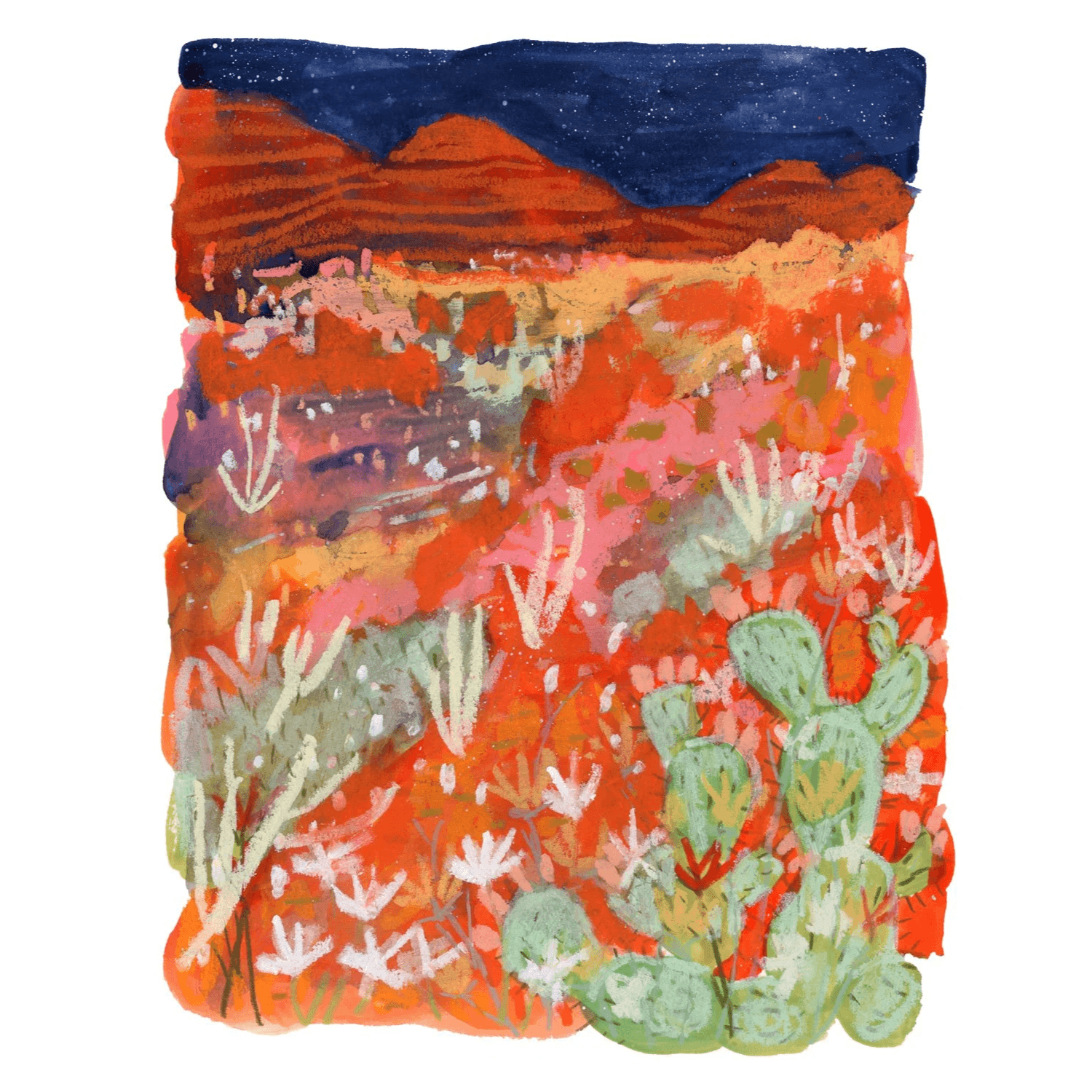 Colorful illustration with desert landscape design featuring cacti and mountains.