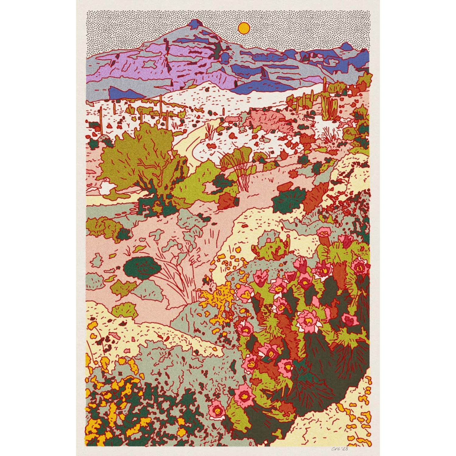 Colorful abstract landscape illustration with mountains and trees on a textured background