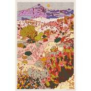 Colorful abstract landscape illustration with mountains and trees on a textured background