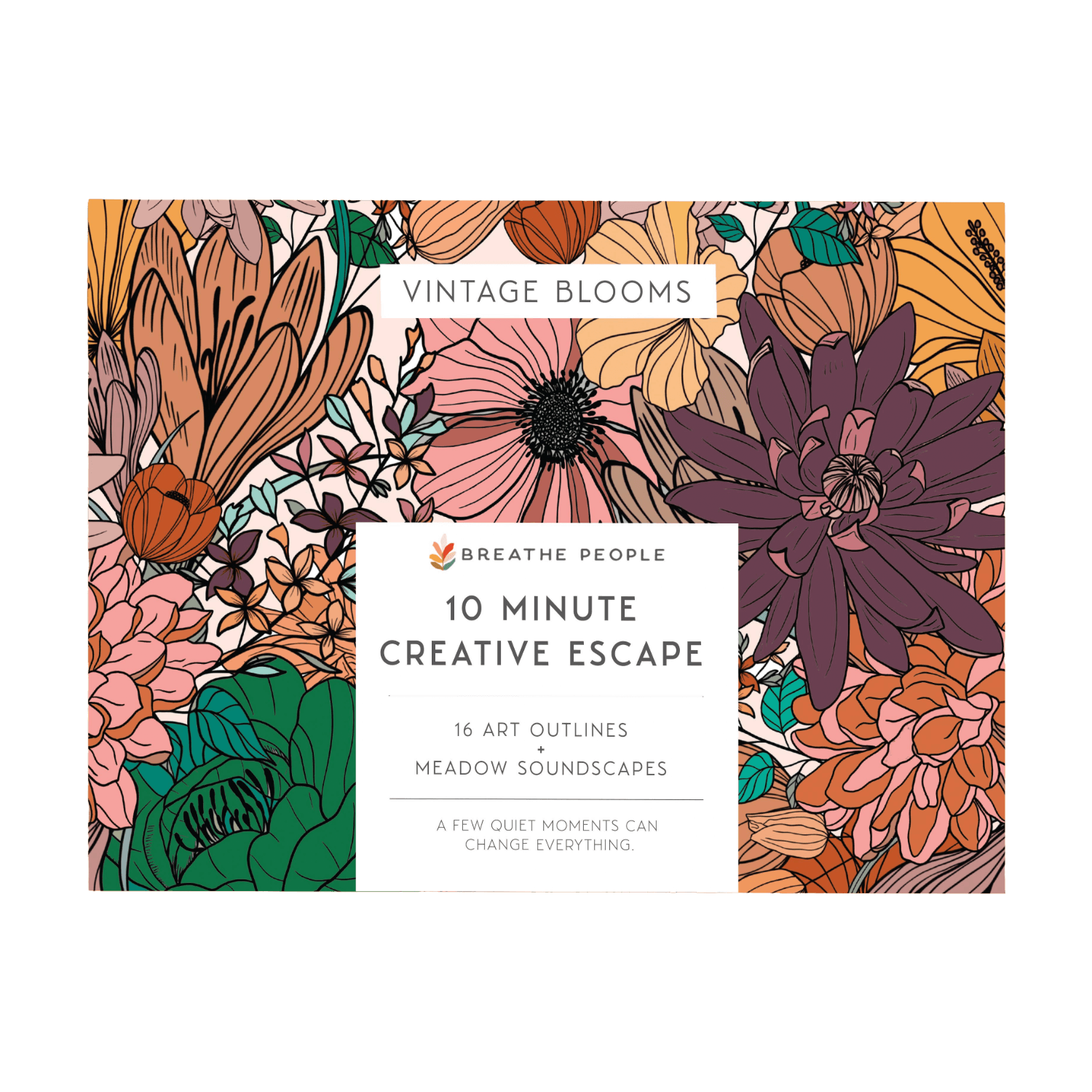 A product cover for a creative escape art outline set titled 'Vintage Blooms' by Breathe People. The design features a dense, hand-drawn floral pattern in warm earthy tones of orange, pink, purple, green, and brown, with a central white text box containing the product details.