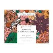 A product cover for a creative escape art outline set titled 'Vintage Blooms' by Breathe People. The design features a dense, hand-drawn floral pattern in warm earthy tones of orange, pink, purple, green, and brown, with a central white text box containing the product details.