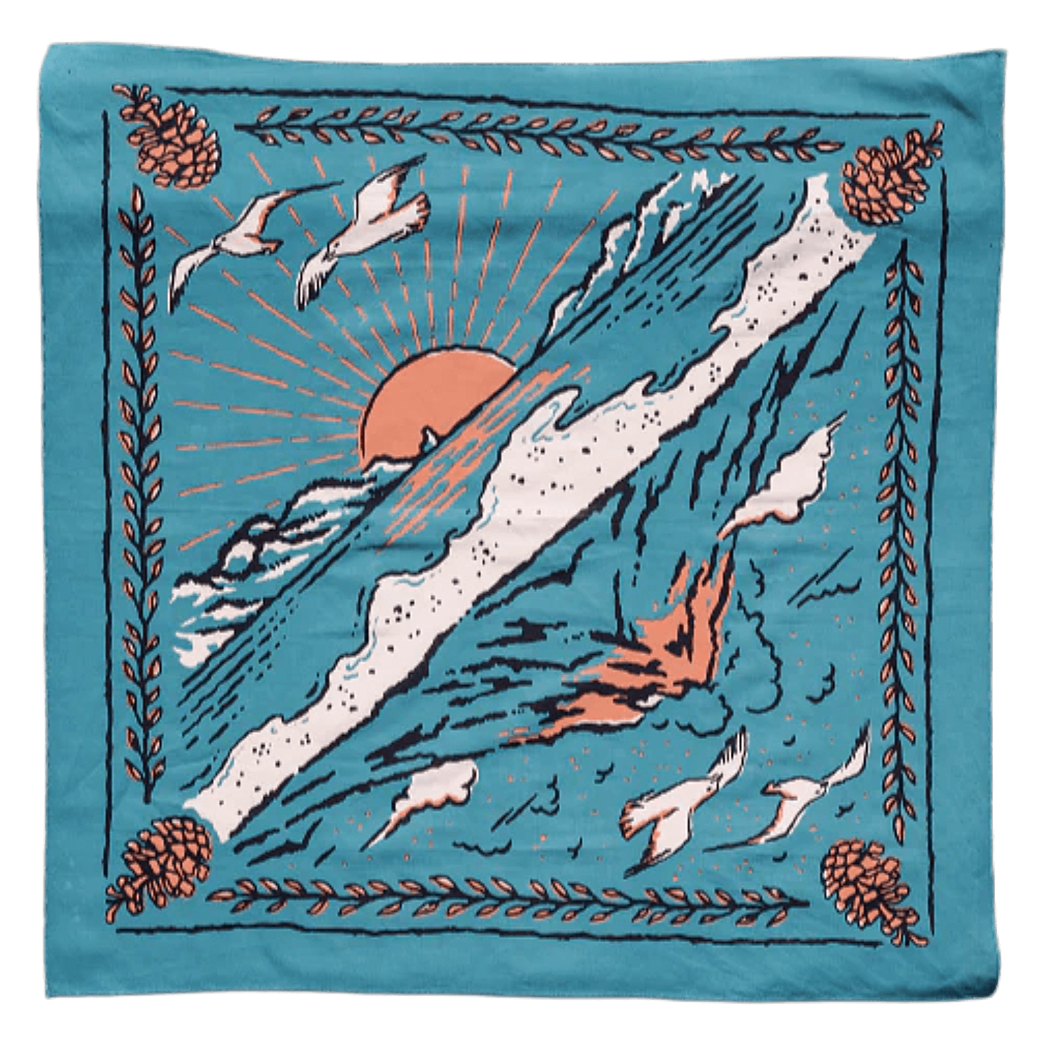 Decorative bandana with a sunset design on a blue background