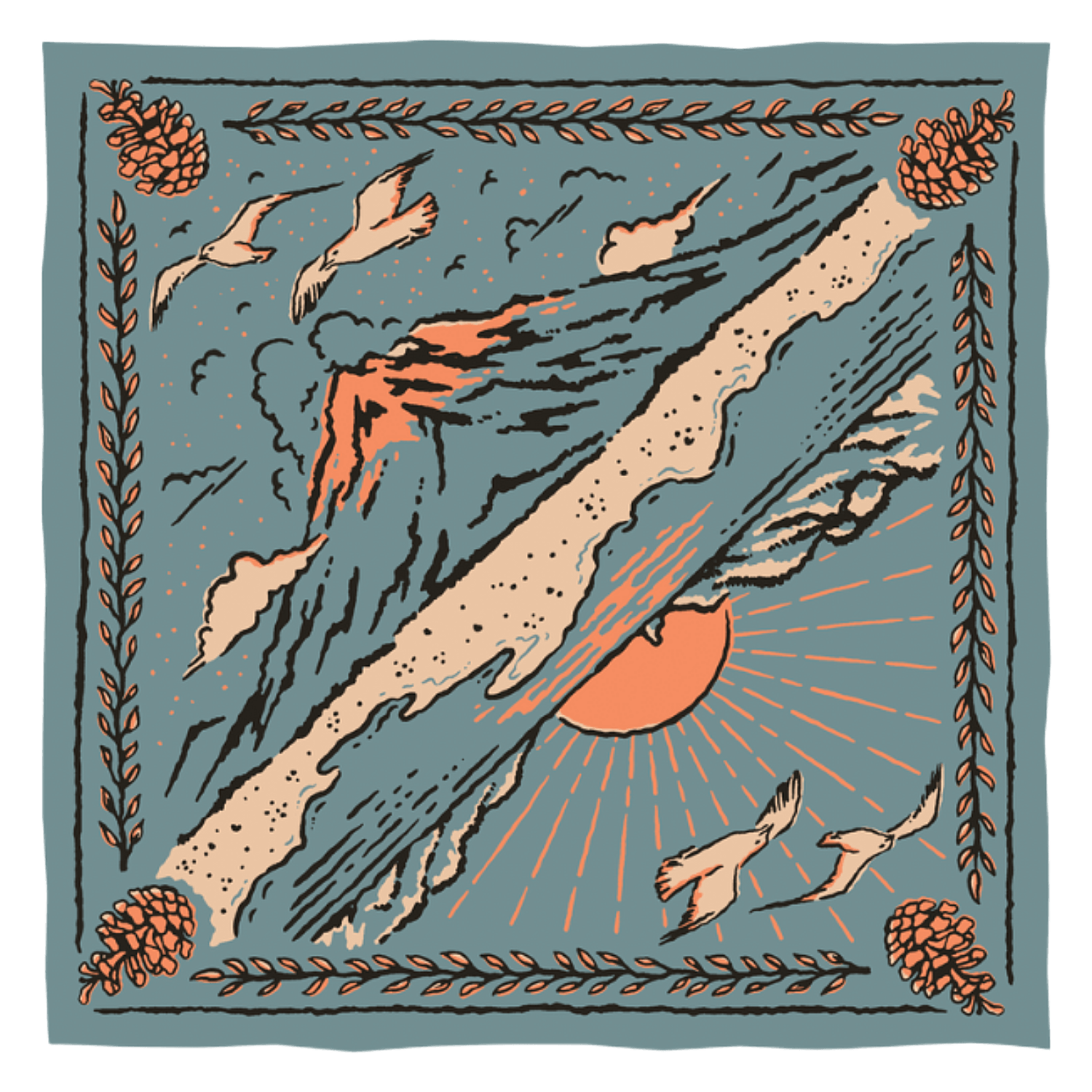 Decorative bandana with a beach and a mountain mirrored, surrounded by birds and a sun on a blue background.