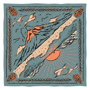 Decorative bandana with a beach and a mountain mirrored, surrounded by birds and a sun on a blue background.