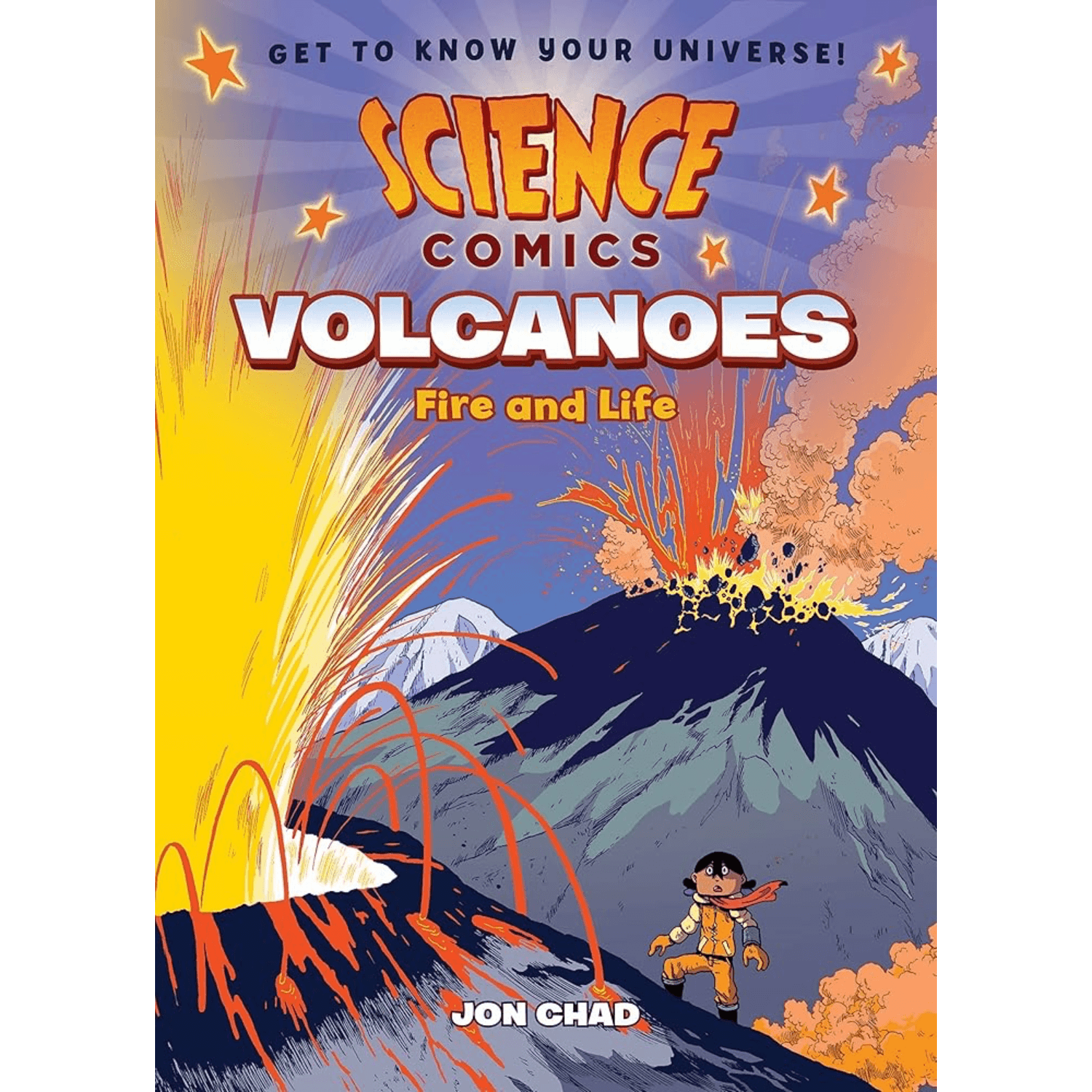 Book cover of 'Science Comics: Volcanoes' with a volcano eruption illustration and a child observing.