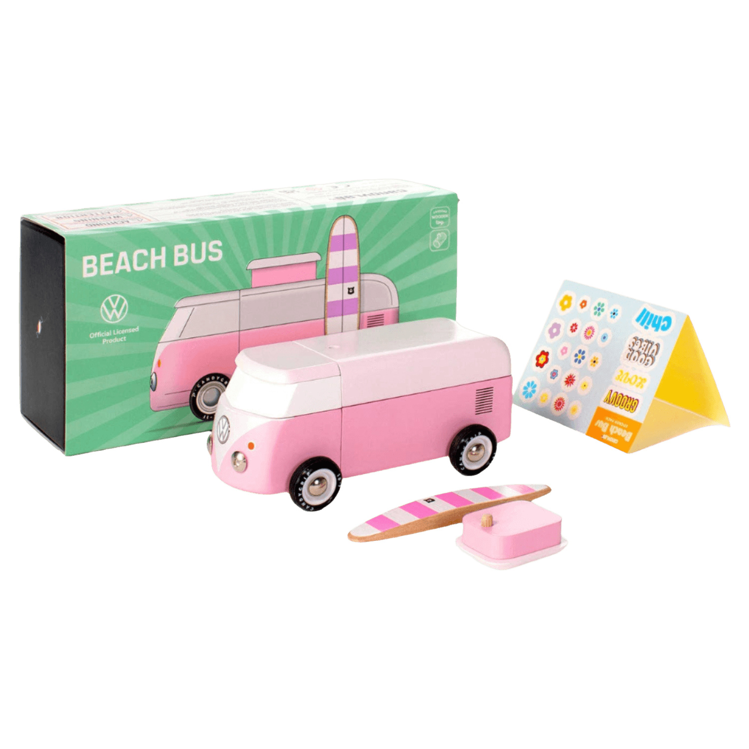 Pink toy bus with surfboard, packaging, and accessories.