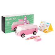 Pink toy bus with surfboard, packaging, and accessories.