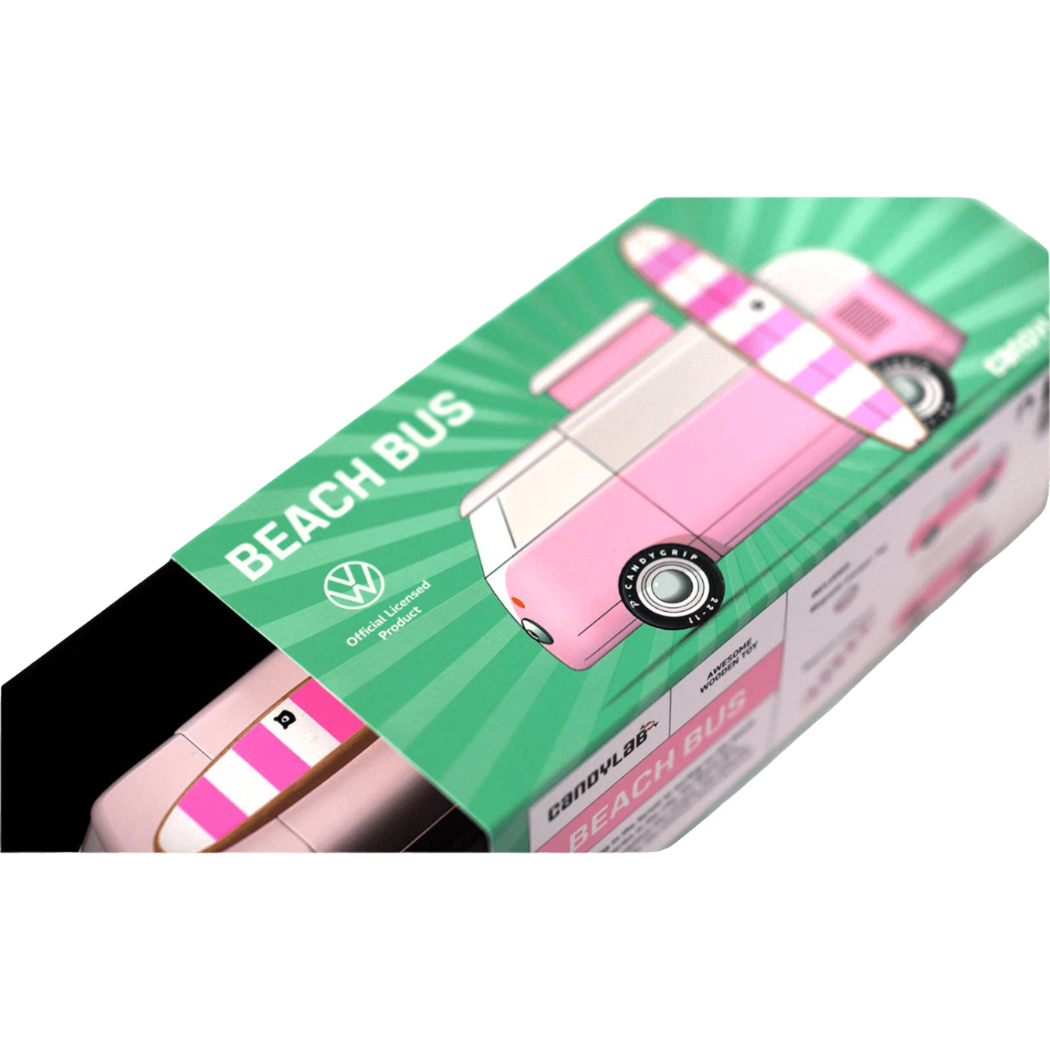 Model of a pink beach bus on a green box with 'Beach Bus' text