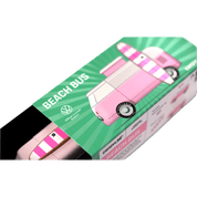 Model of a pink beach bus on a green box with 'Beach Bus' text