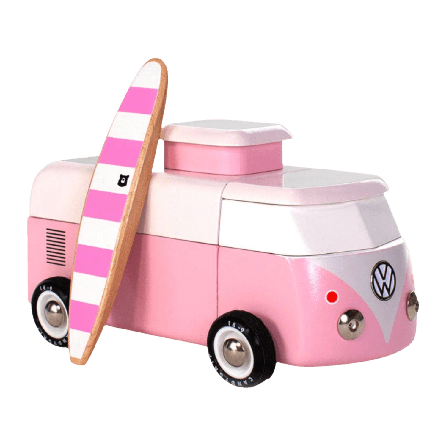 Pink toy van with a surfboard.