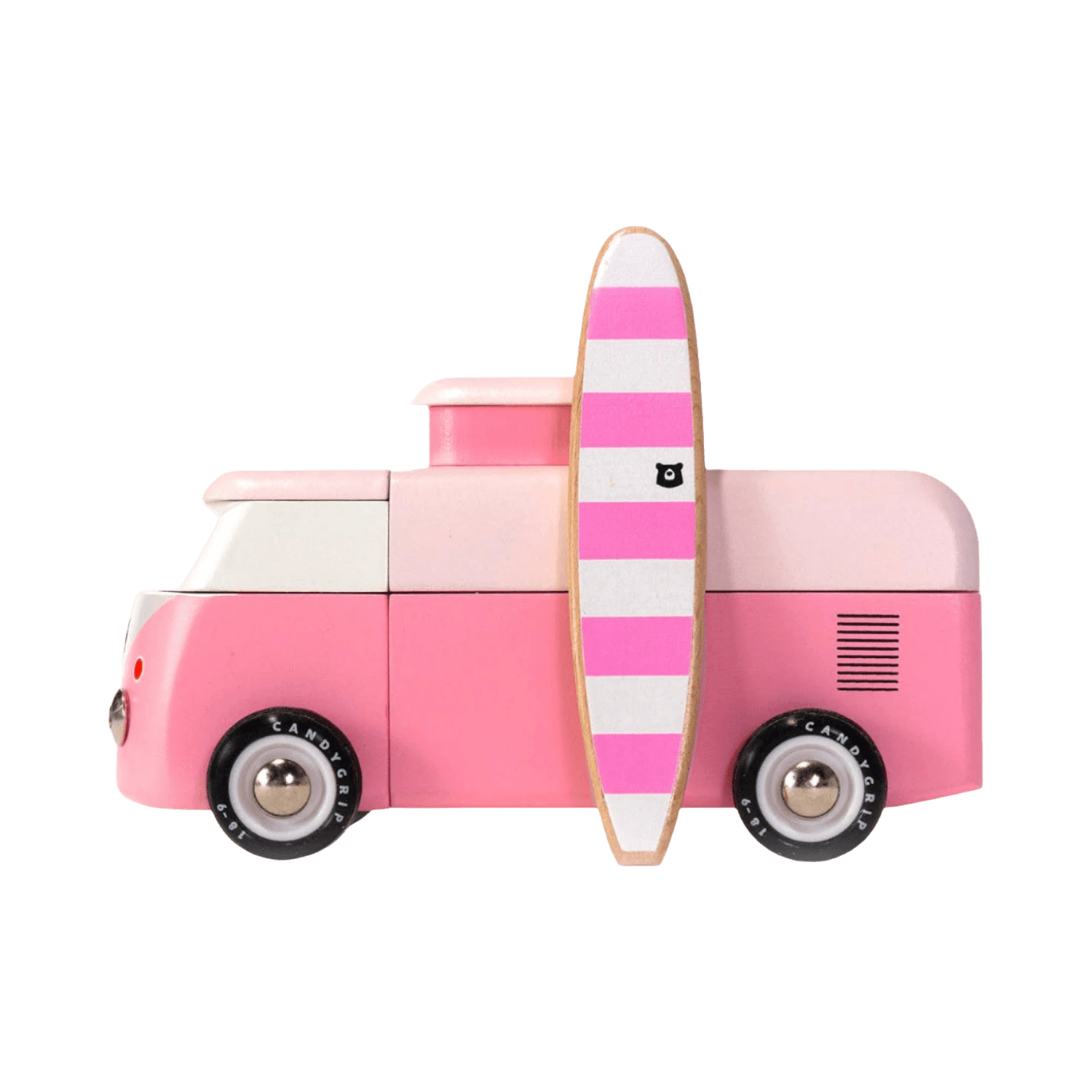 Pink toy van with a striped surfboard.