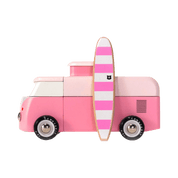 Pink toy van with a striped surfboard.
