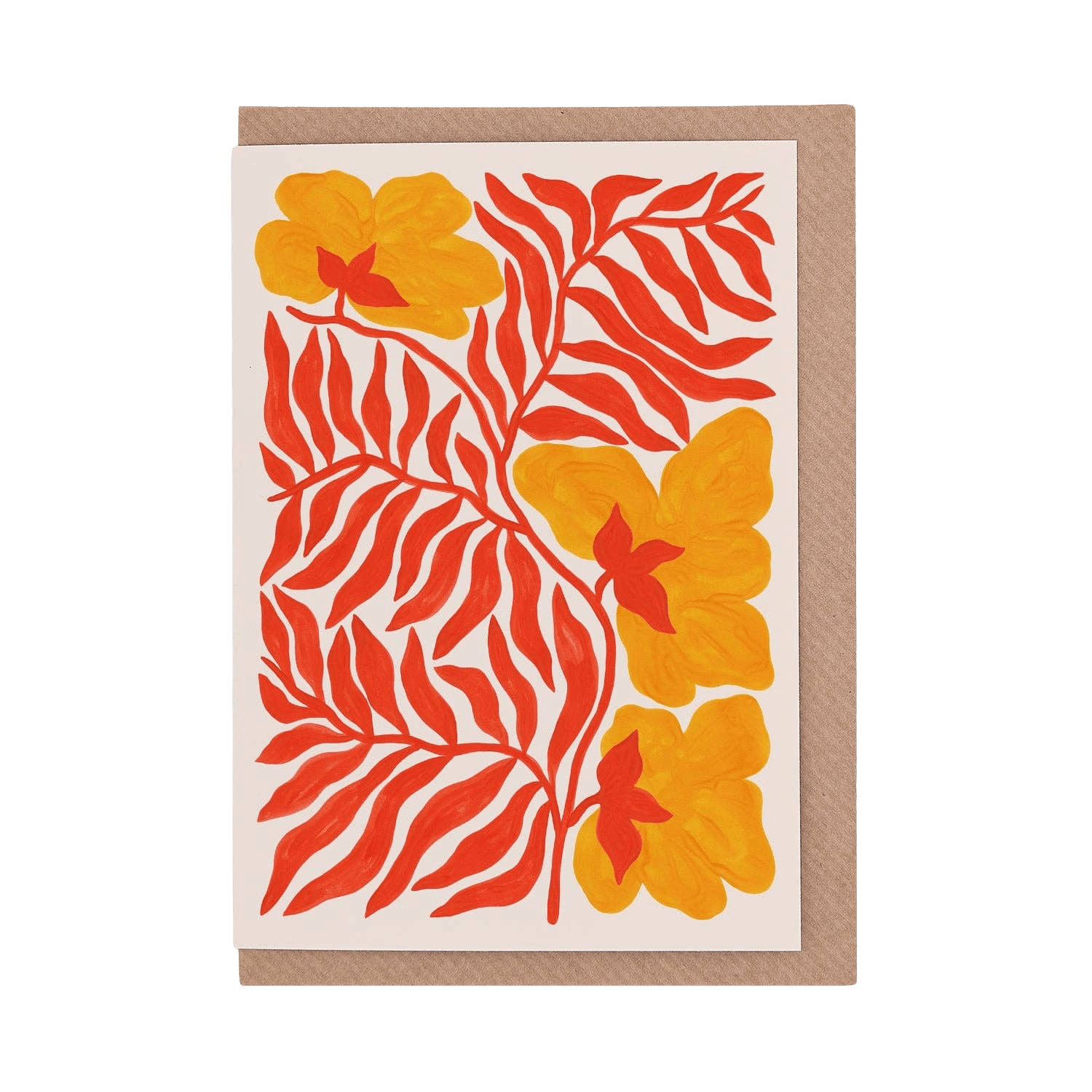 Greeting card with red and orange floral pattern on a white background