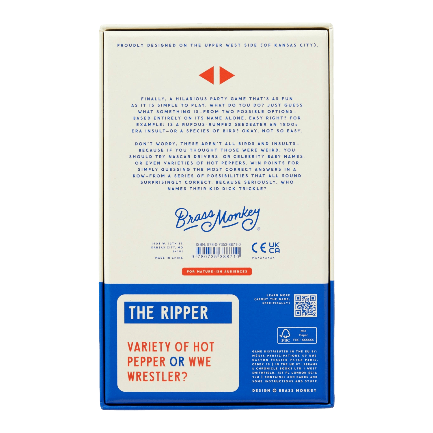 Back of a product box with text and branding, featuring the brand 'Brass Monkey' and product name 'The Ripper'.