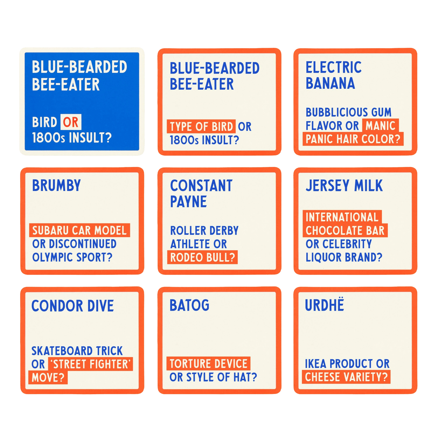 Set of 9 question cards with various trivia questions.