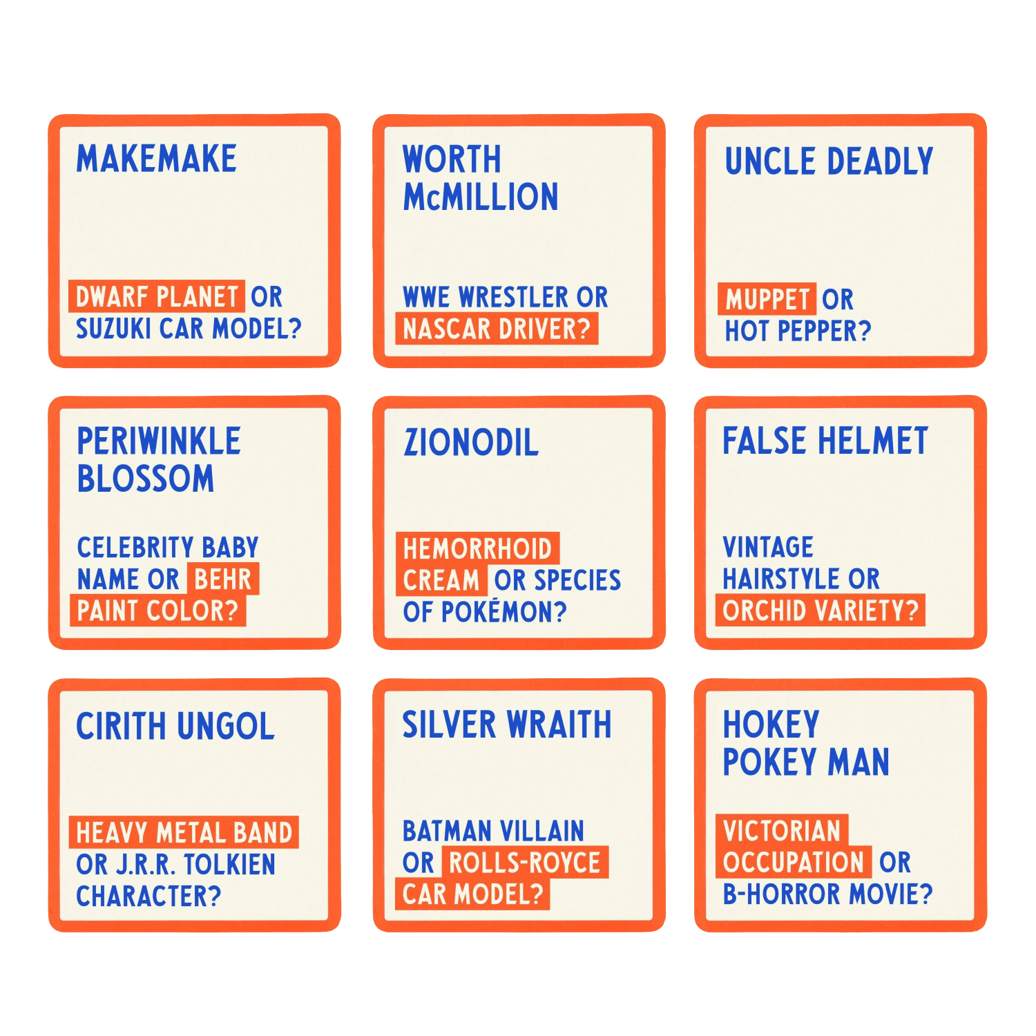 Set of 9 cards with riddle-style questions.