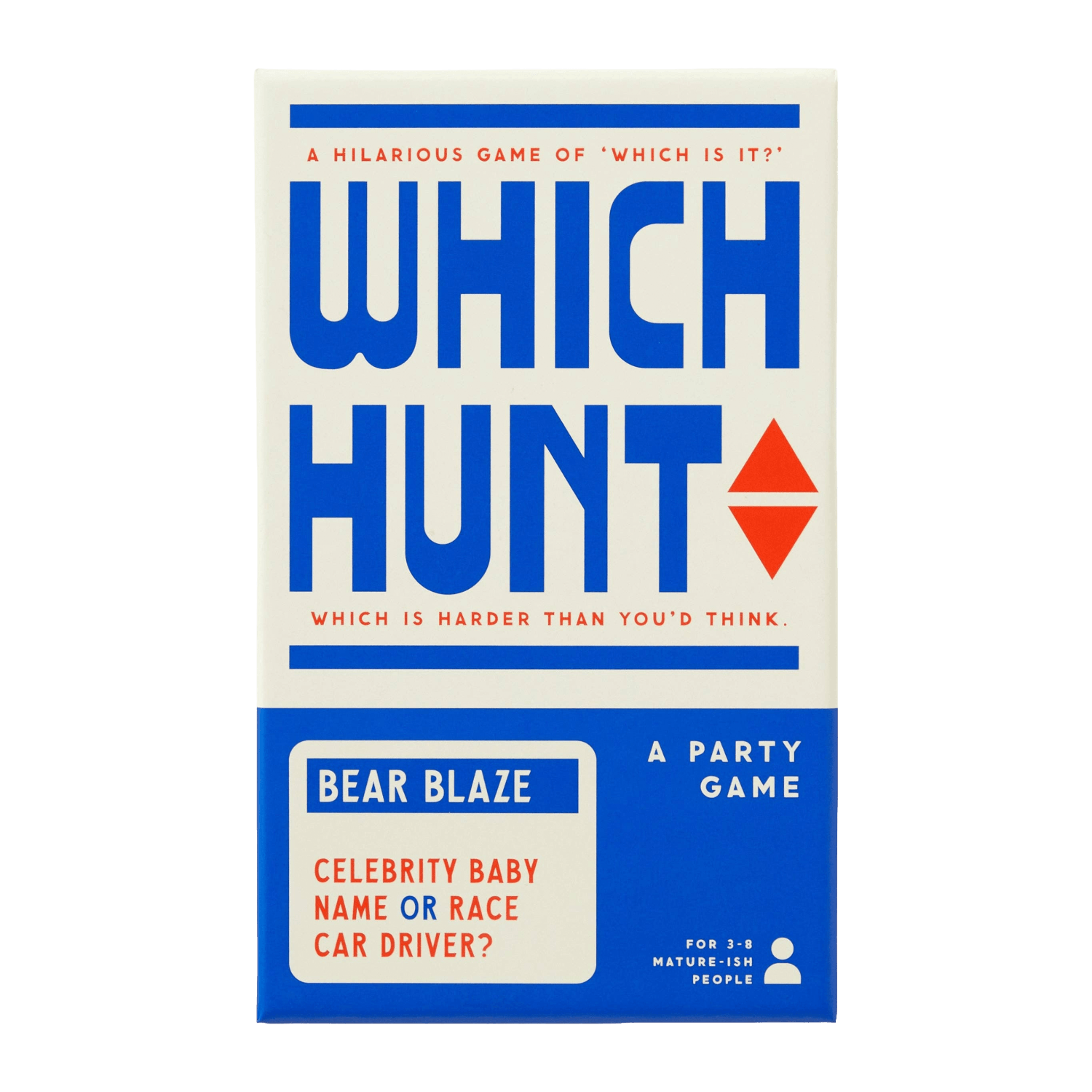 Game box for 'Which Hunt' with blue and red text on a white background