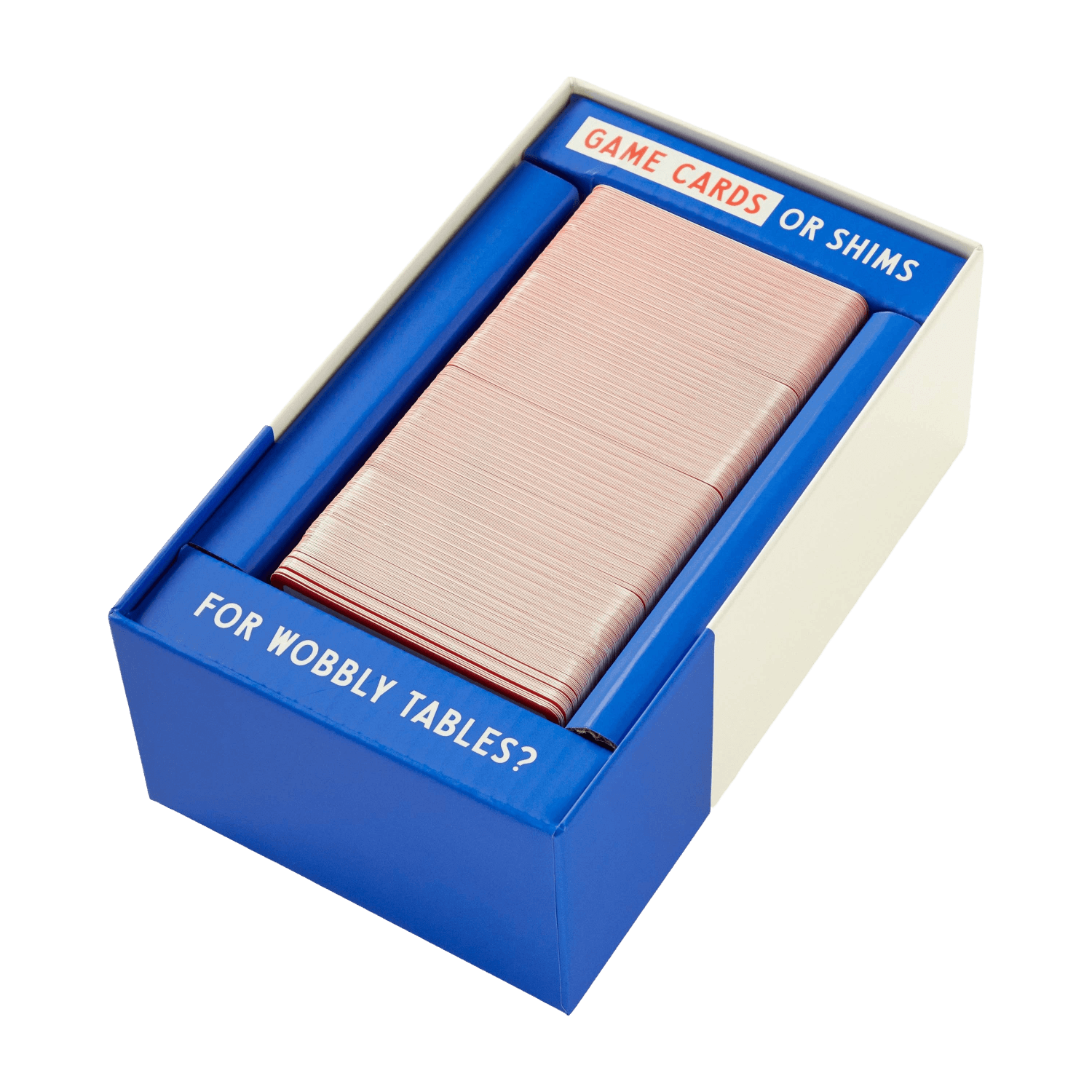 Blue box with game cards or shims for wobbly tables.