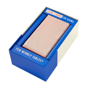 Blue box with game cards or shims for wobbly tables.