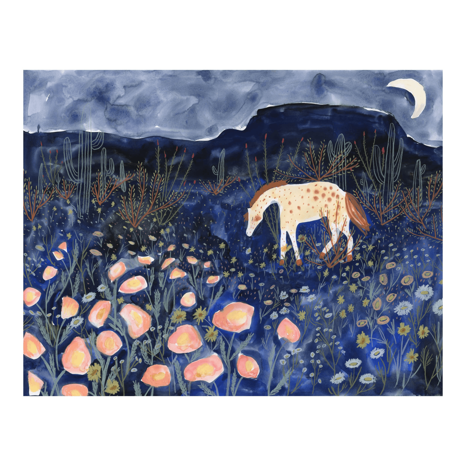Painting of a horse in a desert field with flowers and a moonlit in cool tone blues. 