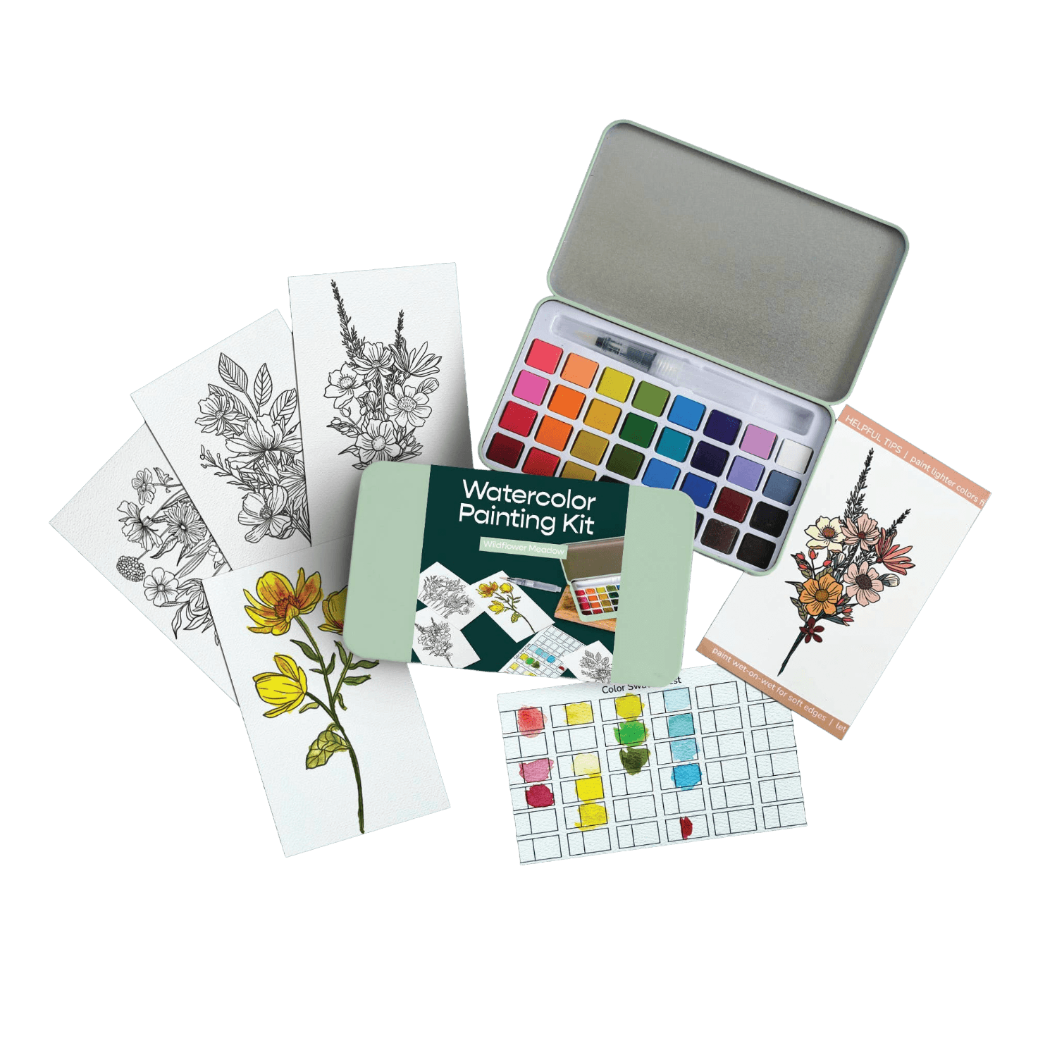 Watercolor painting kit with color swatches and sample paintings