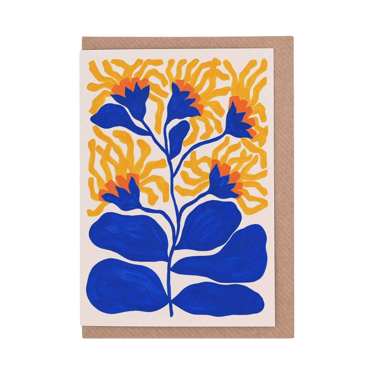 Greeting card with blue floral design on a white background, placed on a brown envelope.