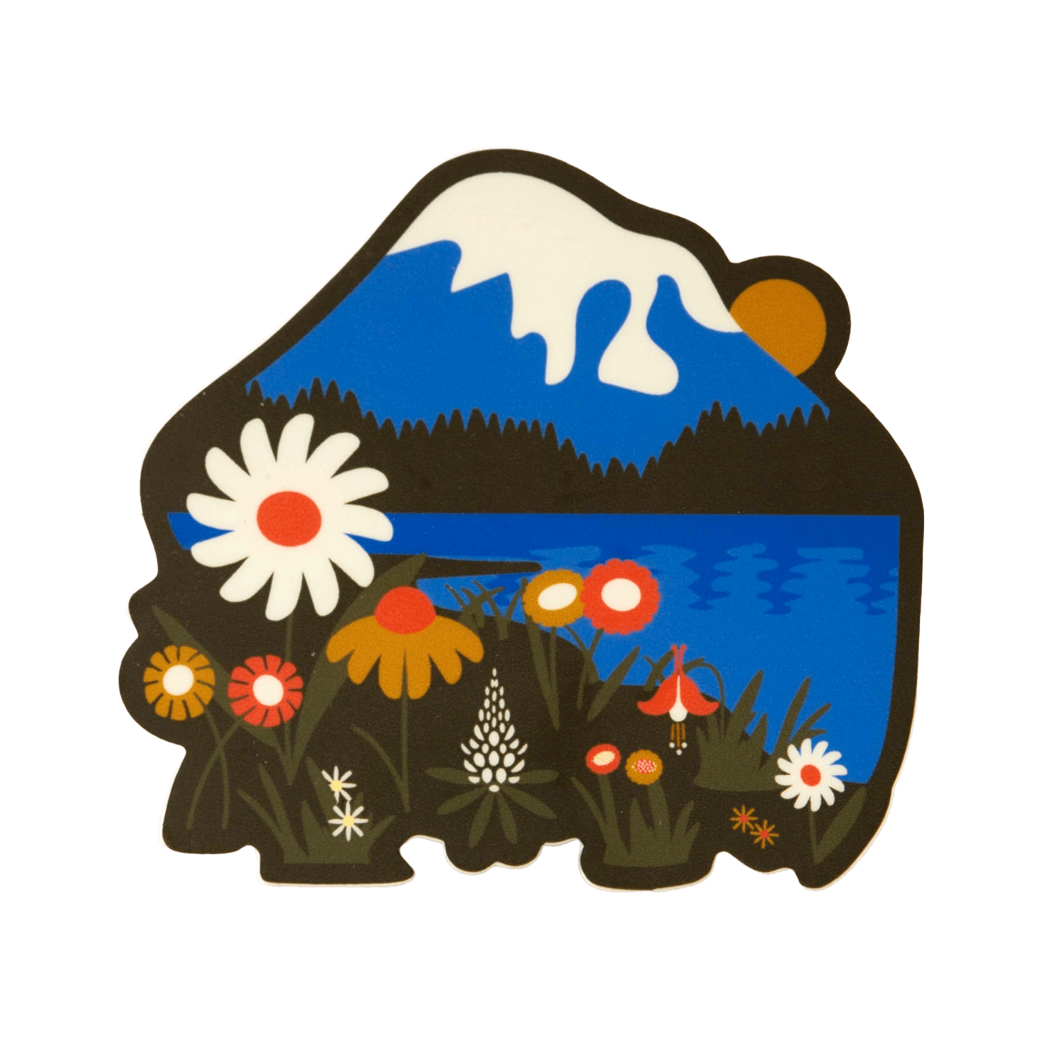 Stylized illustration of a mountain landscape with flowers
