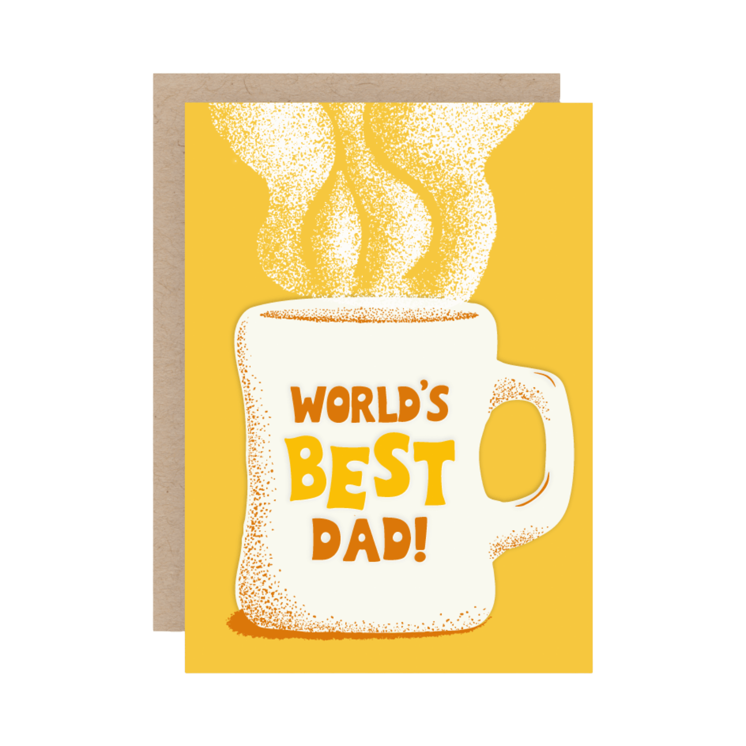 Greeting card with a mug illustration and 'World's Best Dad!' text on a yellow background