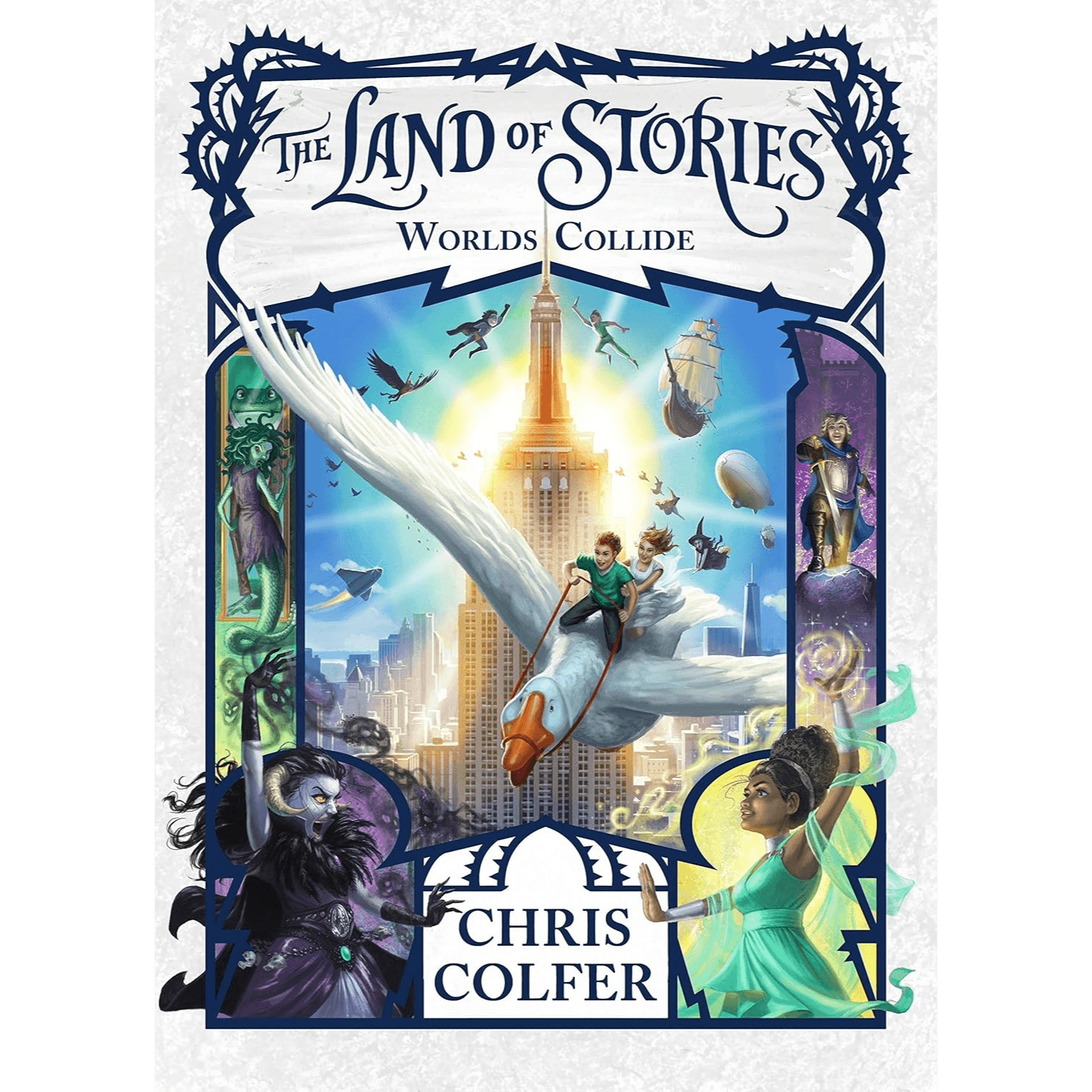 Book cover of 'The Land of Stories: Worlds Collide' by Chris Colfer with illustrations of characters and a cityscape.