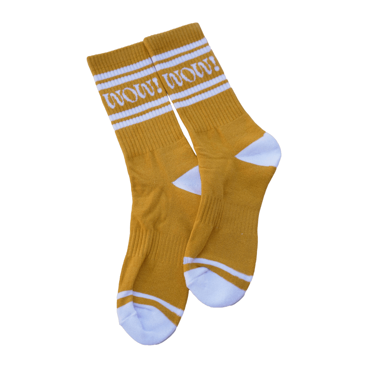 Mustard yellow socks with white stripes and text.