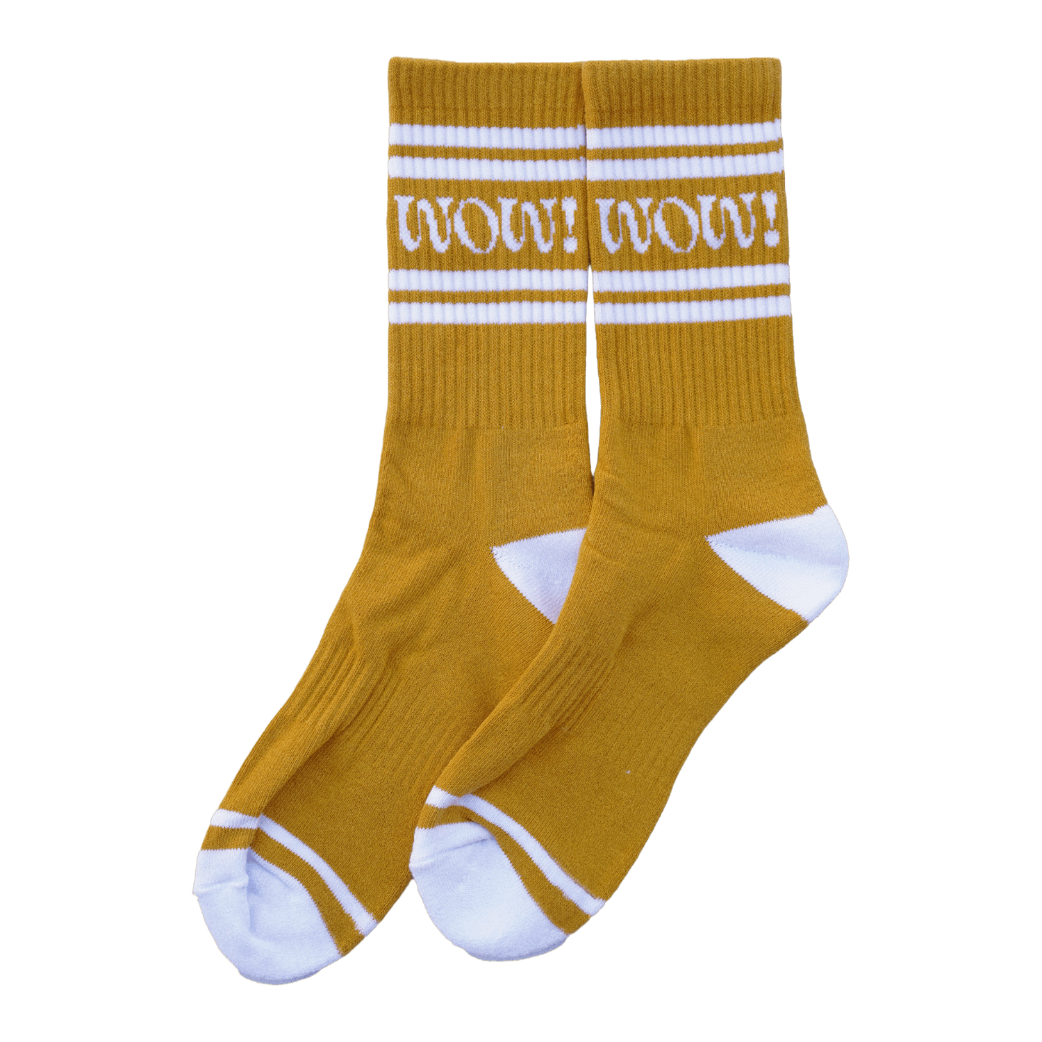 Pair of mustard yellow socks with white stripes and 'WOW' text.