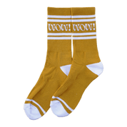 Pair of mustard yellow socks with white stripes and 'WOW' text.