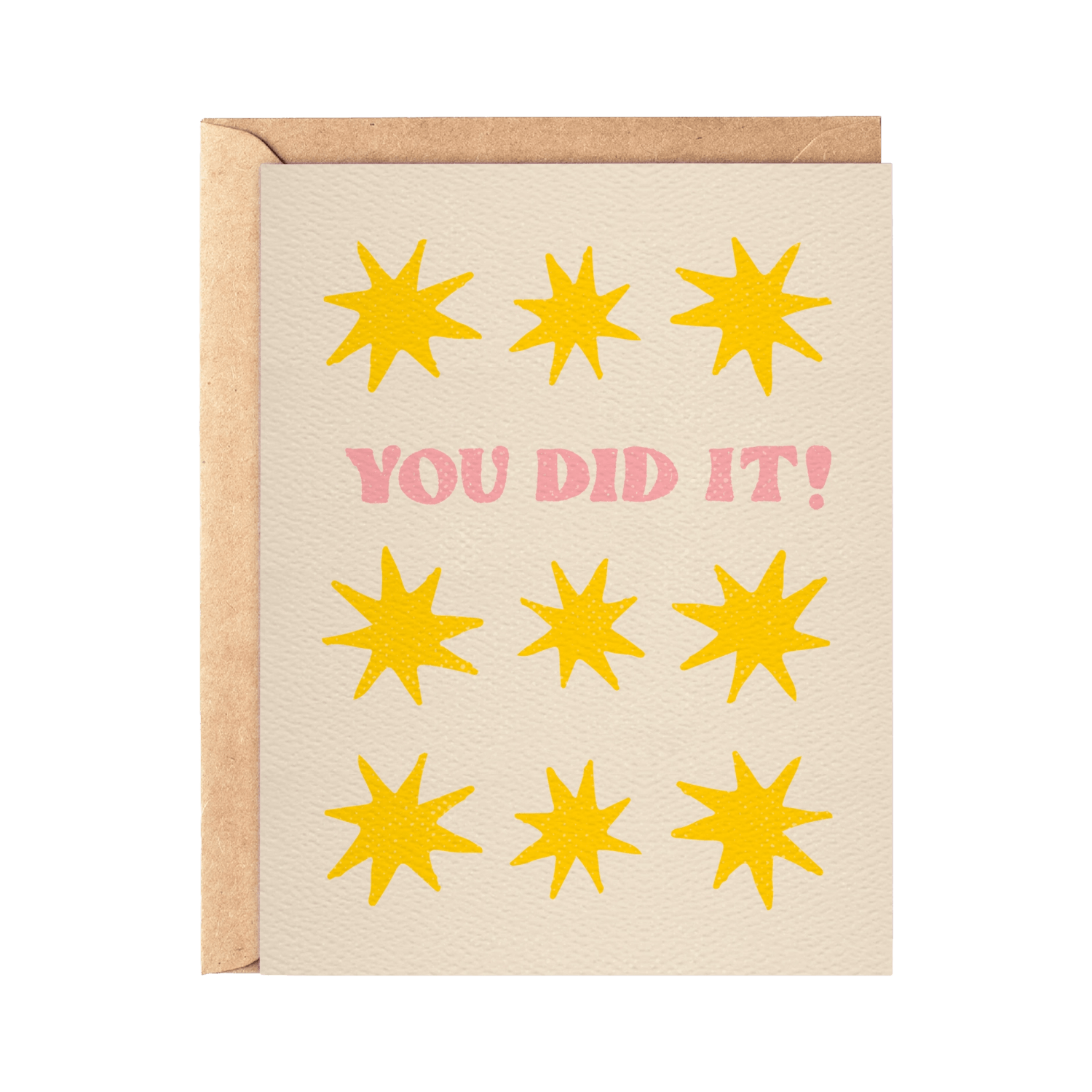 Greeting card with yellow star illustrations and 'YOU DID IT!' text on a beige background