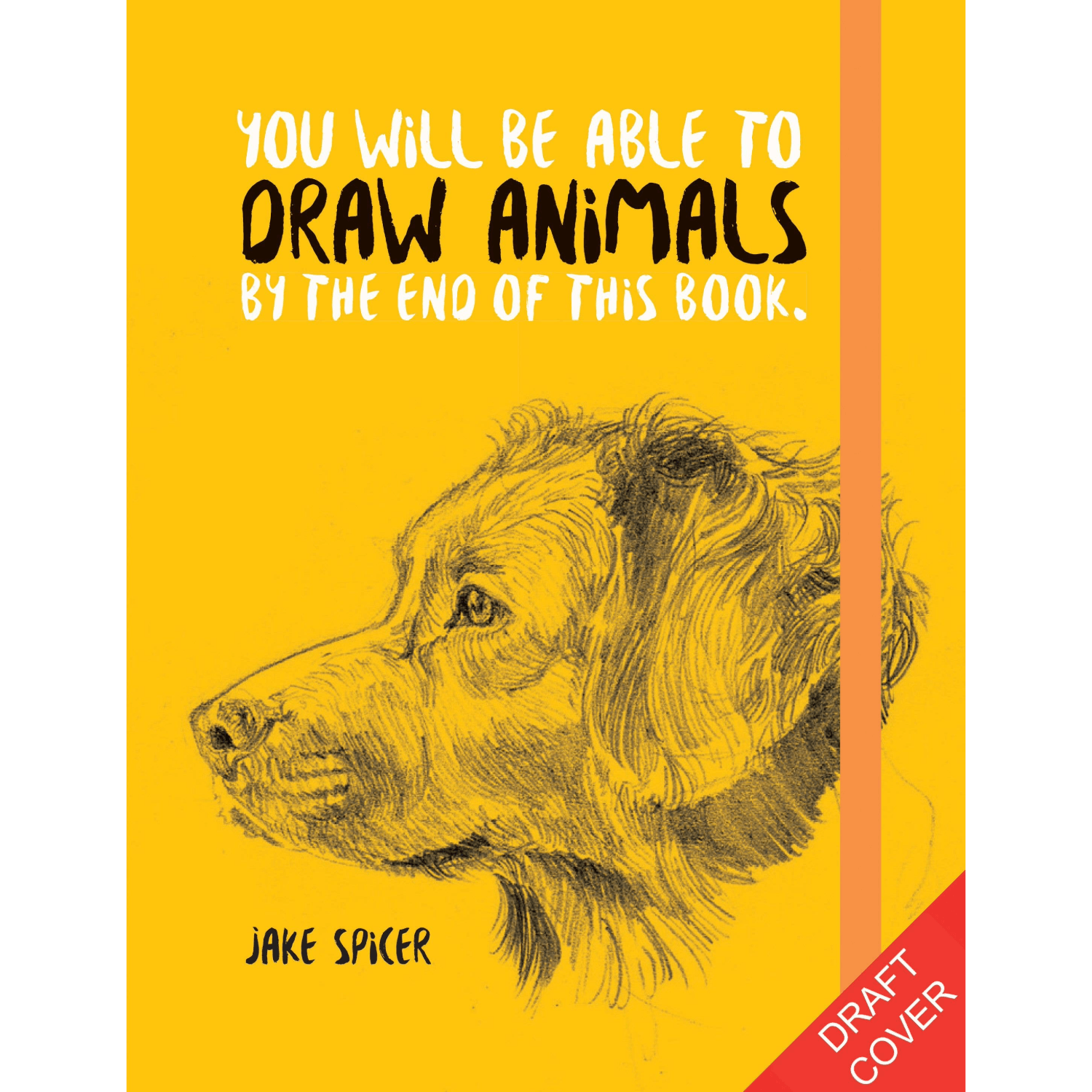 Book cover with a dog illustration and text about drawing animals on a yellow background
