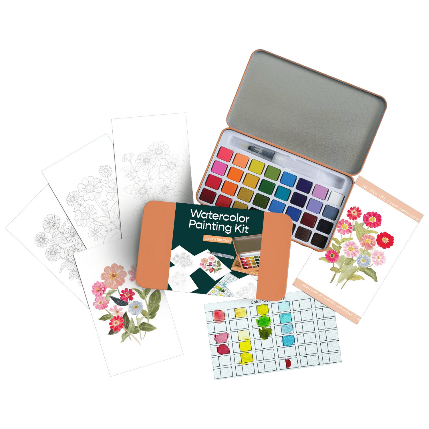 Watercolor painting kit with paint, brushes, and sample sheets.