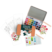 Watercolor painting kit with paint, brushes, and sample sheets.