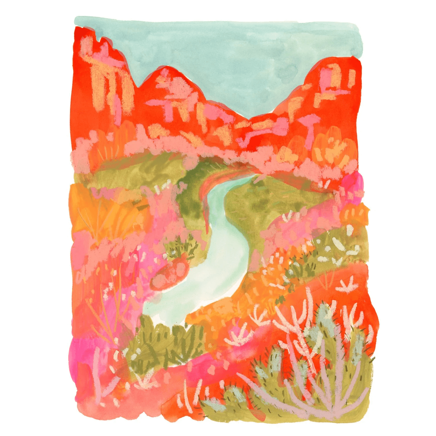 Colorful illustration set in Zion with mountains and lake running through a desert landscape on a white background.
