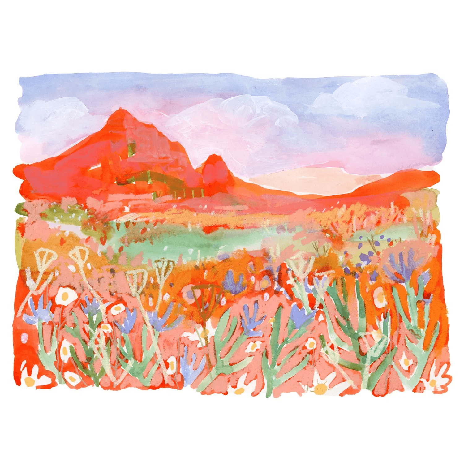 Colorful illustration set in Zion with red mountains behind a desert landscape on a white background.