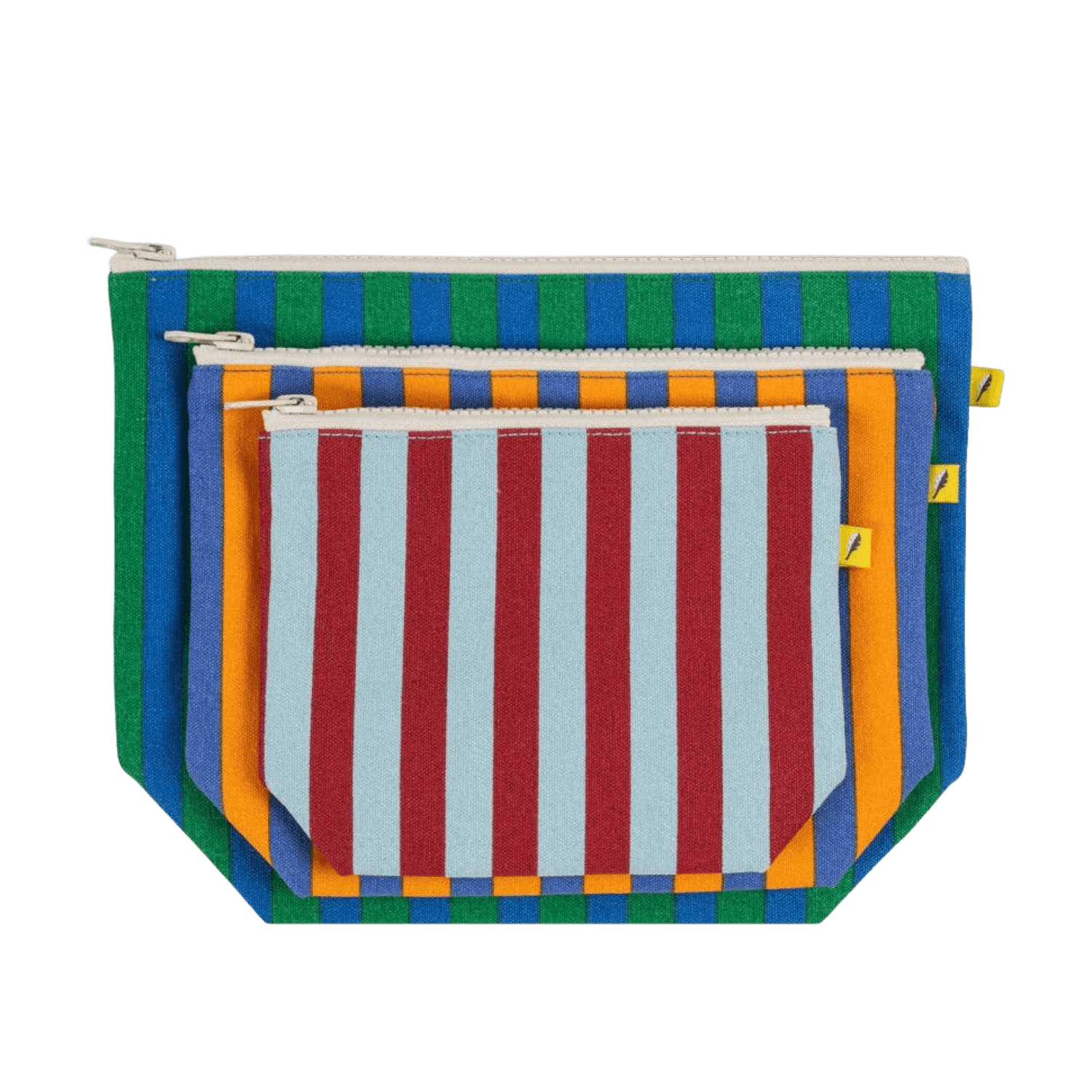 Three striped pouches in green, orange, and red in three different sizes.