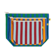 Three striped pouches in green, orange, and red in three different sizes.