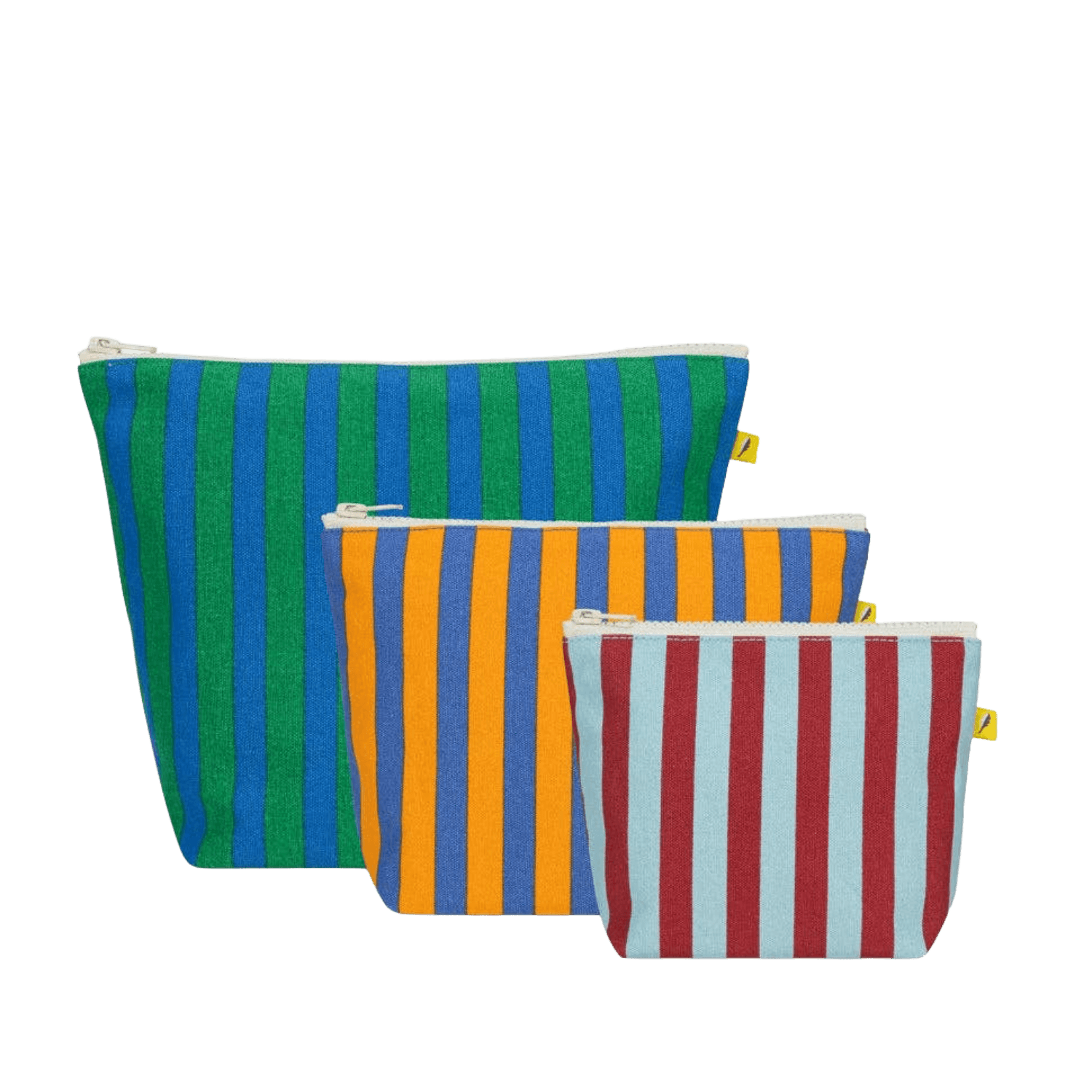 Three striped pouches in green, orange, and red in three different sizes.