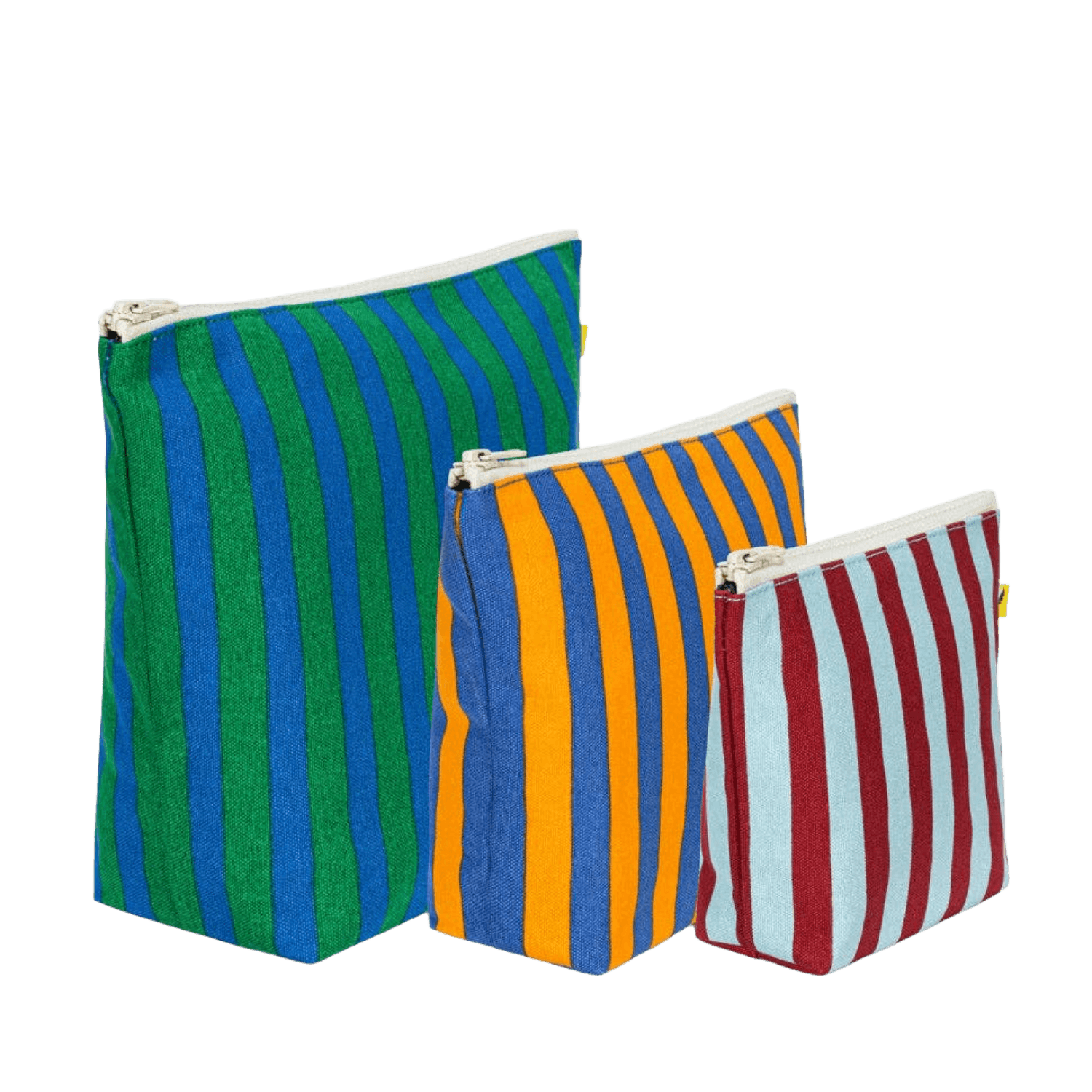 Three striped pouches in green, orange, and red in three different sizes.