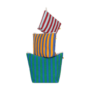 Three different sized striped pouches in green, orange, and red stacked on top of one another.